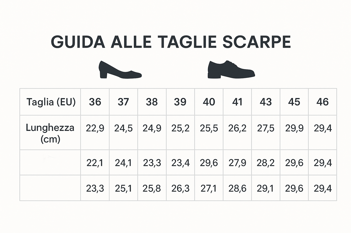 GUIDA LE TAGLIE SCARPA DALLA 36 ALLA 46
