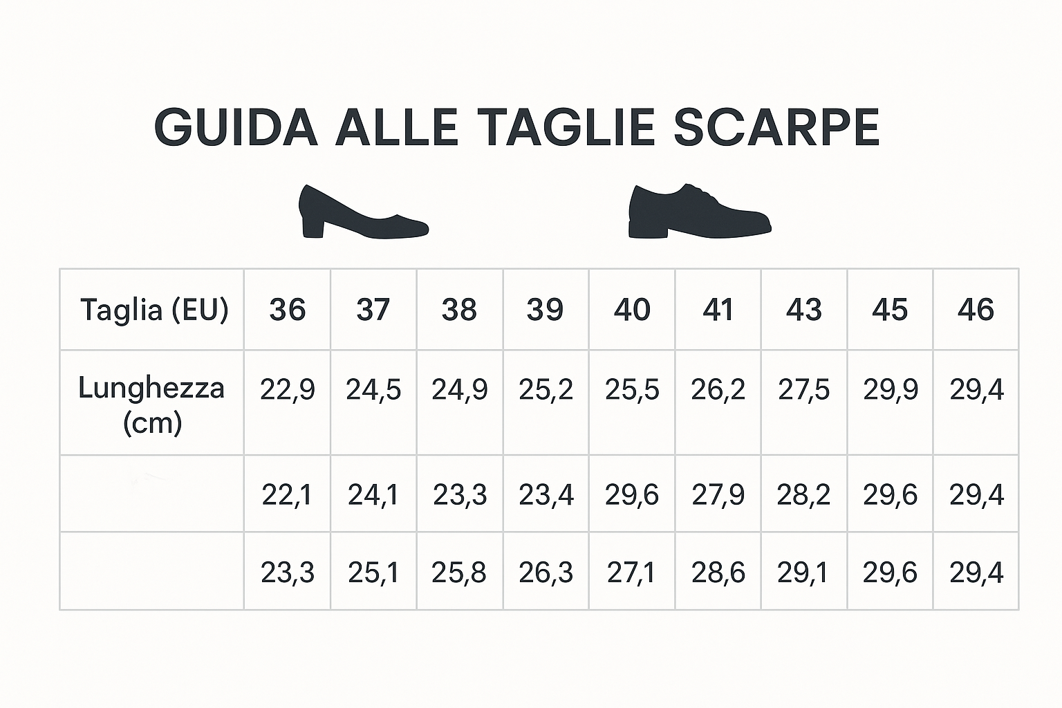 GUIDA LE TAGLIE SCARPA DALLA 36 ALLA 46